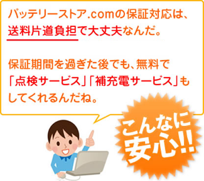 バッテリーストア.comの保証対応は、送料片道負担で大丈夫なんだ。延長保証サービスも付いているし、保証期間を過ぎた後でも、無料で「点検サービス」「補充電サービス」もしてくれるんだね。(こんなに安心!!)